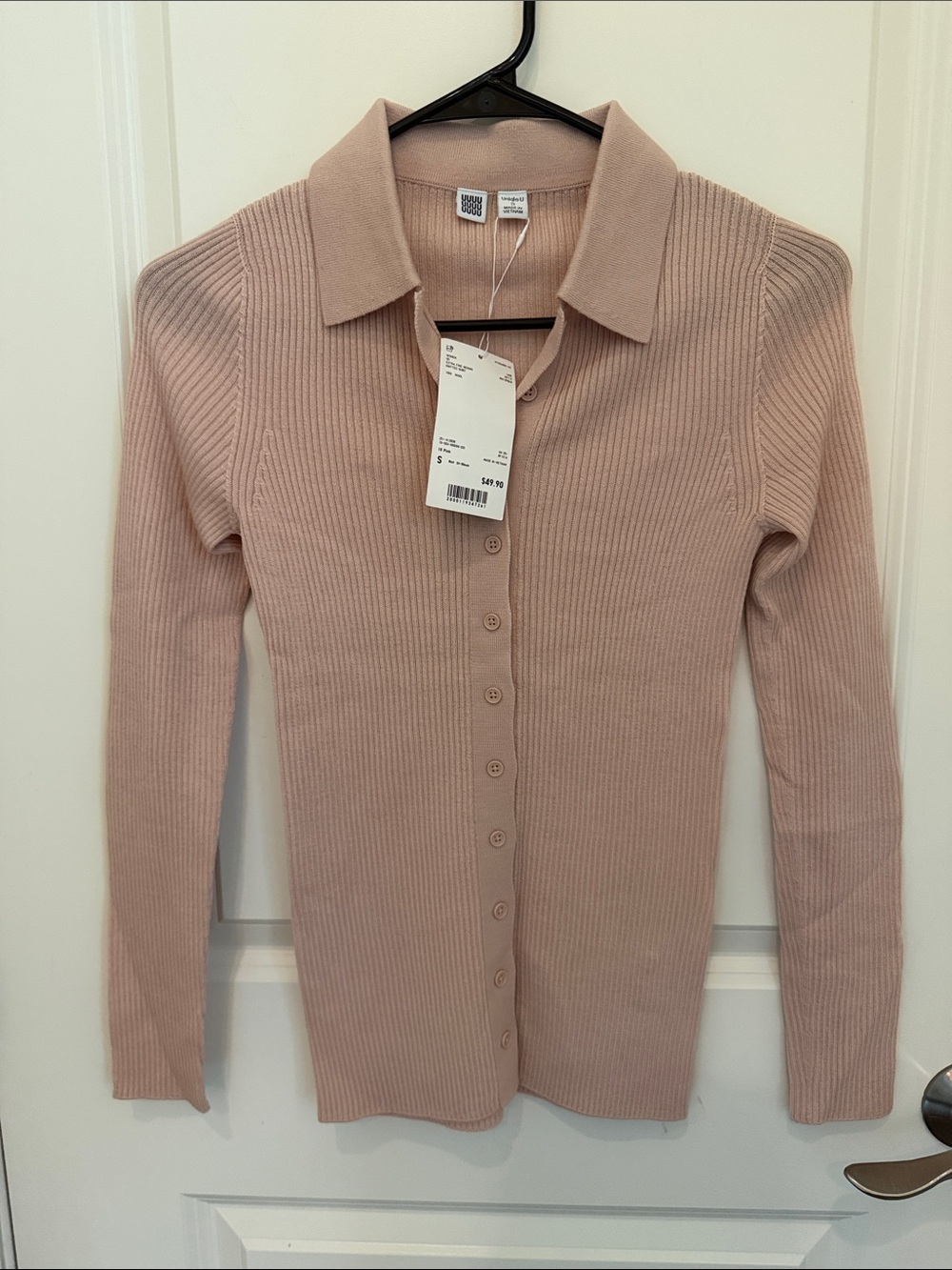 Uniqlo U Wool Collared Ribbed Button-Down Top in Blush Pink